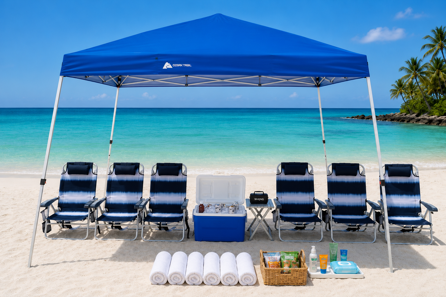 Arrivd Elite beach setup with canopy shade and lounge chairs in San Juan